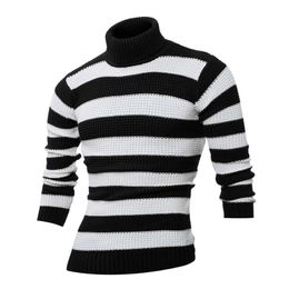 Men's Sweaters Winter Fashion Stripe Print Design Large Size Turtleneck Sweater Long Sleeve Contrast Casual