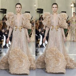 Elie Saab New Sequins Evening Gowns Illusion Deep V Neck Long Sleeve Prom Party Dresses Runway Fashion Vestidos De Fiesta