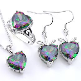 Saint Valentin Cadeau Argent Amour Coeur Rainbow Mystic Topaz Gemstone Pendentif Anneaux