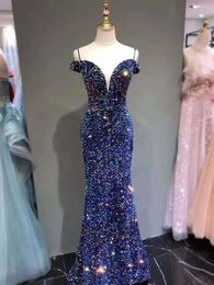 Sparking Blue Evening Dress Shining Sequins with Beads Long Mermaid Prom Dress Sweetheart Sleeveless Backless Long Runway Gowns