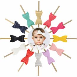 12pcs/Lot 3inch Boutique Leather Bowknot Nylon Headband Bow With Elastic Hairbands Kids Sweet Hair Accessories 809