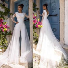 Country Style 2020 Long Sleeve Jumpsuits Wedding Dresses With Detachable Train Backless Vestido De Noiva Boho Lace Wedding Bridal Gowns