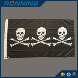 Black Pirate Flag Banner 90x150 cm Three Human Skull with Crossbones for Home Halloween Marine Decoration