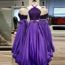 2019 Two Pieces Prom Dresses Halter Neck Sleeveless Beaded Lace Appliques Purple Satin Floor Length Evening Party Gowns with Pockets