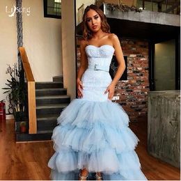 Sky Blue Prom Gown Tulle Multi Layers High-Low Strapless Sheer Evening Dress Custom Made Puffy Ruffles Robe de soiree 2018 Lady Event Dress