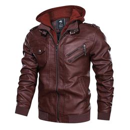 Men Hooded Leather Jacket Motorcycle Leather PU Baseball Biker Jacket Coat Autumn Winter Outwear Windbreaker Male PU Jackets