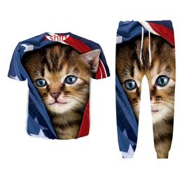 New Fashion Women/Mens American Flag and Cat Funny 3d Print T-Shirt + Jogger Pants Casusal Tracksuit Sets