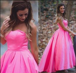 Hot Sale High Low Prom Dresses 2019 hot pink Sweetheart Zipper Back Satin Ruched ankle length A Line Party Evening Gowns party dresses