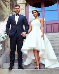 Arabic 2019 New Ivory Satin High Low Wedding Dresses A-line Cheap Halter Criss Cross Back Beach Bridal Gowns Plus Size Custom Made 1211