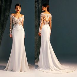 Sexy Mermaid Wedding Dresses V-neck Long Sleeve Appliqued Lace Bridal Gown Satin Sweep Train Custom Made Robes De Mariée Cheap