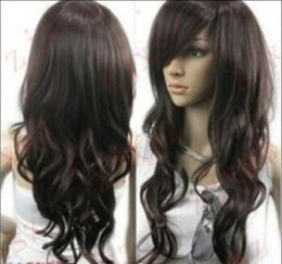 WIG free shipping Heat Resistant Women Dark Brown Long Wavy Oblique Bangs Cosplay Hair Full Wig
