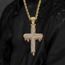 New Gold & White Gold CZ Cubic Zirconia Blingbling Water Droping Cross Pendant Necklace Hip Hop Iced Out Diamond Jewellery for Men & Women