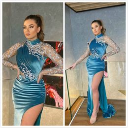 2020 Arabic Aso Ebi Luxurious Sexy Blue Evening Dresses Beaded Crystals Prom Dresses Sheath Velvet Formal Party Second Reception Gowns ZJ436