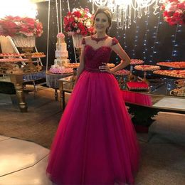 Beaded A Line Prom Dresses O Neck Cap Sleeve Button Back Evening Gowns Tulle Skirt Floor Length Special Occasion Dress
