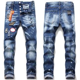 Men Badge Rips Stretch Black Jeans Men's Fashion Slim Fit Washed Motocycle Denim Pants Panelled Hip HOP Trousers 3726