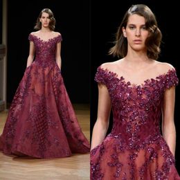 Burgundy Lace Crystal Prom Dresses Ziad Nakad Sheer Off Shoulder Dubai Arabic Plus Size Celebrity Evening Gowns