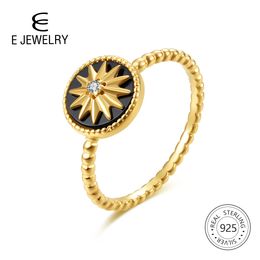 E Jewellery 100% 925 Sterling Silver Star Rings for Women 18K Gold Plated Silver Black Agate Gemstone Ring Fashion Jewellery 2019