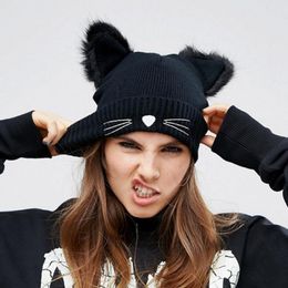 Autumn Winter Women's Knitted Hat Cartoon Cat Ears Embroidery Knit Caps Lady Warm Hats M230