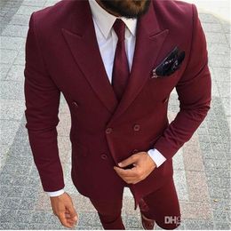 Double Breasted Groomsmen Peak Lapel Groom Tuxedos Burgundy Men Suits Wedding/Prom/Dinner Best Man Blazer ( Jacket+Pants+Tie) K307