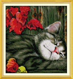 Maple leaf and sleeping cat room decor paintings ,Handmade Cross Stitch Craft Tools Embroidery Needlework sets counted print on canvas DMC 14CT /11CT