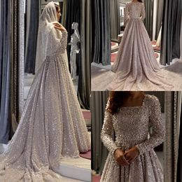 2020 Bohemian Long Sleeve A Line Wedding Dresses Satin Sequins Beads Bridal Gowns Button Sweep Train Wedding Gowns