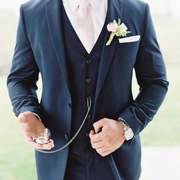 Summer Mens Wedding Tuxedos Navy 3 Pieces Two Button Notched Lapel Groom Wear Formal Man Business Blazer Suits (Jacket+Vest+Pants)