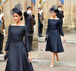 Meghan Markle Navy Short Prom Dresses Mother Of The Bride Dresses A Line Knee Length Long Sleeve Groom Mother Formal Party Gowns 2226q