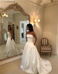 Simple Boho A Line Wedding Dresses Strapless Satin Draped Bridal Dress Bow Sashes Vestidos De Noiva Bride Dresses