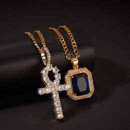 Fashion Mens Jewellery Set Yellow Gold Plated High Quality Cubic Cross Ruby Pendant Necklaces for Men Women Hot Hip Hop Jewellery Gift