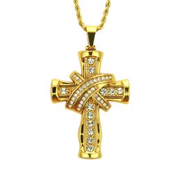 Pendant Necklaces Double Trendy Cross Iced Out Bling Rhinestones Crystal Gold Silver Chain Necklace Men Hip Hop Jewelry Cuba&#039;s