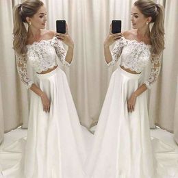 Two Piece Wedding Dresses With 3/4 Long Sleeve Off The Shoulder Boho Beach Wedding Dress Custom Made A Line Bridal Gown