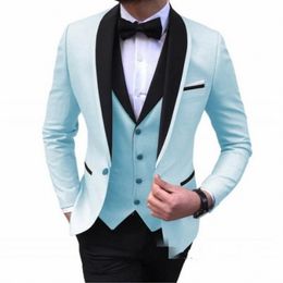 Brand New Light Blue Groom Tuxedos Black Lapel Groomsmen Mens Wedding Dress Fashion Man Jacket Blazer 3Piece Suit(Jacket+Pants+Vest+Tie) 213