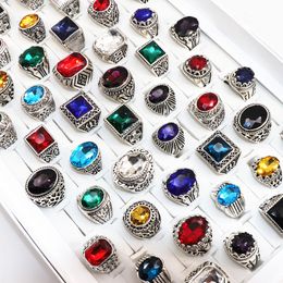 Vintage Multicolor Glass Gemstone Carved Flowers Ring For Men Women Tibetan Silver Jewellery