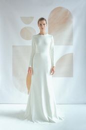 Simple Crepe Mermaid Modest Wedding Dresses With Long Sleeves Buttons Back High Neck Elegant Simple Modest Wedding Gowns Sleeved Custom