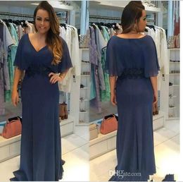 Long Navy blue mother of the bride dresses V neck Full Length chiffon Women Evening Formal Party Gown with cape Plus Size 2019