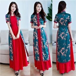 Elegant vietnam style womens Ao Dai robe vintage pattern traditional costume Improved long modern Cheongsam casual dress