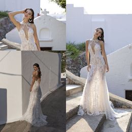 2020 New Lian Rokman Mermaid Wedding Dresses Sheer High Collar Lace Appliques Bridal Gowns Illusion Backless Sweep Train Wedding Dress