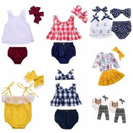 Baby Clothes Girls Grid Tassel Suits Kids Polka Dot Floral Clothing Sets Fashion Boutique T Shirt Rompers Diaper Pants Headband Outfits 4905