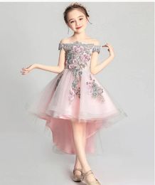 New Cheap Pink High Low Girls Pageant Gowns Lace Applique Beads Flower Girl Dresses Off Shoulder For Wedding Tulle Kids Communion Dress