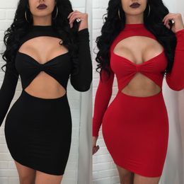 Bodycon klänning mini sommar klänningar svart röda kvinnor o nacke med långärmad hip ihålig ut kväll sexig klänning för dam