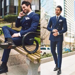 New Fashion Double Breasted Stripe Men Tuxedos Groom Wedding Suits Slim Fit Peaked Lapel Mens Suit 2 Pieces Coat Pants (jacket+Pants)