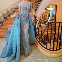 New Free Shipping Luxury Tulle Short Sleeves A-Line Evening Dress Lace Appliques Beaded Sashes Prom Dresses Scoop Collar Court Train 365