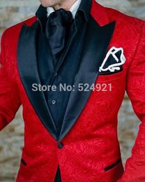 Brand New Men Suits Red Pattern and Black Groom Tuxedos Peak Satin Lapel Groomsmen Wedding Best Man 2 Pieces ( Jacket+Pants+Tie ) L454