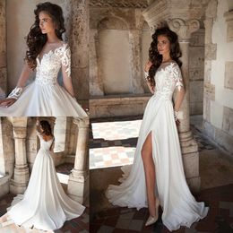 2019 Beach Lace Wedding Dresses Sexy Side Split Chiffon Sheer Jewel Neck Bridal Gown Appliques Long Sleeve Boho Wedding Dress