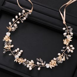 Gold Wedding Headband tiara Freshwater Pearl Flower Bridal Headpiece Hair Vine Dinner Hair Accessories Wedding Hair Jewelry