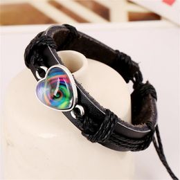 Fashion- Unisex Faux Cowhide Bracelet Heart-shaped Artificial Stone Decoration Bacelets for Women Men Jewellery Gifts