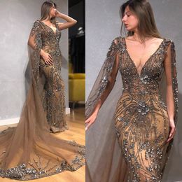 Mermaid Modest Sleeveless Prom Dresses V Neck Evening Dress Tulle Lace Sequins Beaded Crystal Cheap Sweep Train Formal Party Bridesmaid Gown