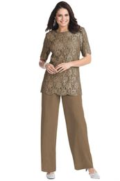New Half Sleeves Jewel Neck Mother of the Bride Suits Lace Chiffon Pants Suit Plus Size Custom Made