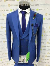 Brand New Groomsmen Blue Groom Tuxedos Peak Lapel Men Suits Wedding Best Man Bridegroom (Jacket + Pants + Vest + Bow Tie) L219
