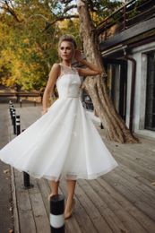 A-line Lace Tulle Tea Length Short Wedding Dresses 2019 New Sleeveless Open Back 1950s 60s Informal Outdoor Bridal Gowns Vintage